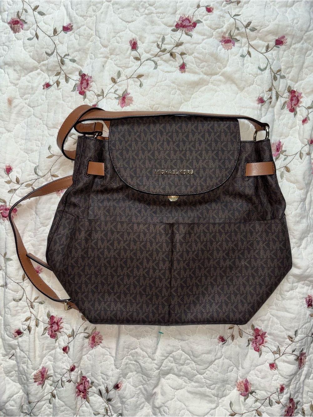 Michael Kors Chocolate Brown MK Logo Shoulder Bag with Tan Trim